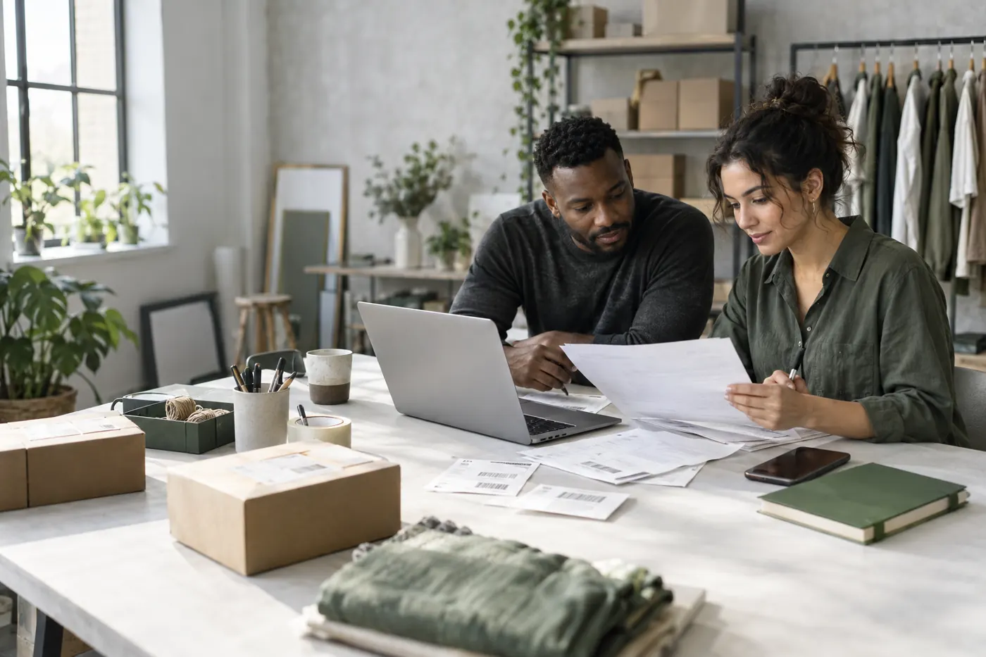 Two business owners reviewing orders and paperwork together